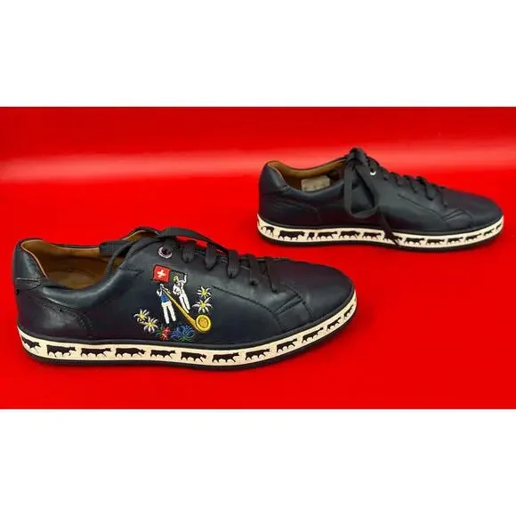 Bally Animal Anistern Navy Blue Leather Low Top Embroidered Sneakers Sz 6 1/2 D